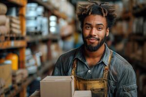 AI generated young man worker with box in hands in warehouse photo