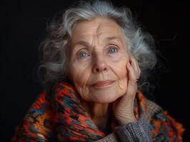 AI generated Portrait of an elderly woman in a scarf on a black background photo