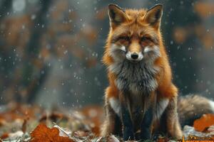 ai generado rojo zorro en el bosque durante un nevada. foto