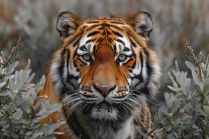 AI generated tiger looks out from the thickets photo