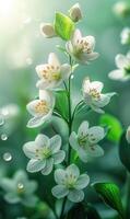 AI generated vertical green background with white summer flowers, floral theme photo