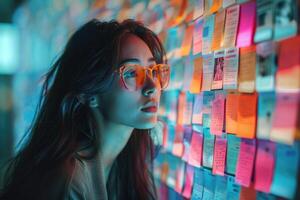 AI generated beautiful young asian woman with glasses reads many advertisements on the wall photo