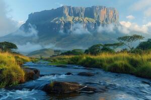 ai generado tropical paisaje con río y el mesa montaña en un distancia foto