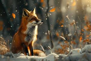 AI generated Red fox in the winter forest. Fox in the snowy forest. photo