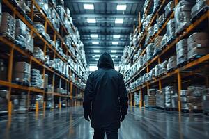 AI generated man in a black jacket with hood in a modern warehouse photo