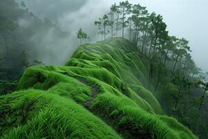 AI generated tropical landscape with beautiful grass covered hills photo