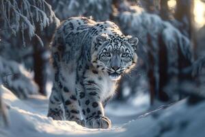 AI generated snow leopard in the winter forest photo