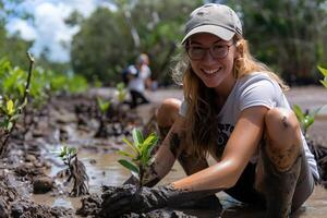 AI generated smiling woman planting mangrove trees in mangrove forest photo