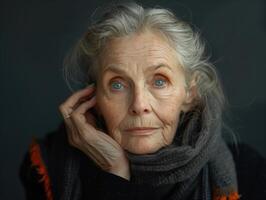 ai generado retrato de mayor mujer con gris bufanda en oscuro antecedentes foto
