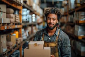 AI generated male worker with box in hands in warehouse photo