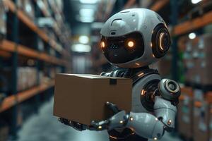 AI generated humanoid robot with box in hands in warehouse photo