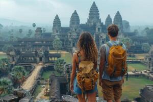 AI generated Back view of young couple tourists with backpacks looking at ruins of ancient asian temple photo