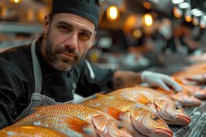 ai generado cocinero en el cocina con Fresco crudo pescado foto