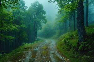 ai generado la carretera en misterioso montaña bosque en brumoso Mañana. viajar. belleza en naturaleza. foto
