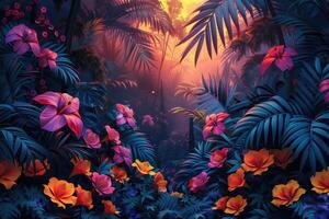 AI generated Tropical background with palm trees and hibiscus flowers photo