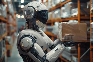 AI generated humanoid robot with box in hands in warehouse photo