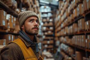 AI generated young man worker in warehouse photo