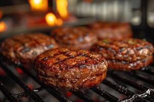 AI generated Delicious grilled steaks on barbecue grill, closeup. Space for text photo