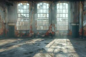 AI generated interior of an empty vintage industrial workshop of an abandoned factory photo