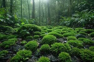 AI generated beautiful moss on wet tropical rainforest ground photo