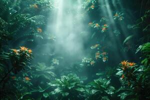 AI generated tropical forest vegetation, light breaks through the fog photo