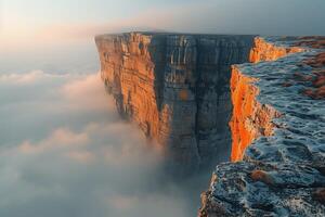 AI generated beautiful sunrise over the cliffs of tepui mountain over the clouds photo