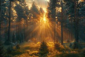 AI generated Misty morning in the forest with sun rays shining through the trees photo