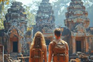 AI generated Back view of young couple tourists with backpacks looking at ruins of ancient asian temple photo
