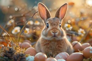 AI generated easter card, cute rabbit among paschal eggs photo