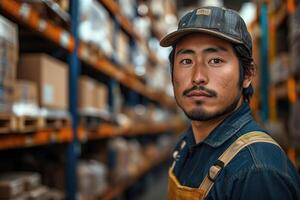 ai generado asiático hombre trabajador en almacén foto