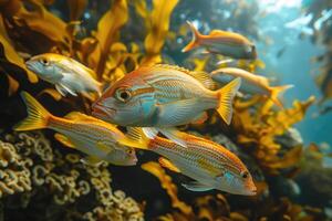 AI generated fish swarming underwater among algae photo