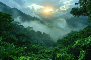 ai generado Mañana amanecer terminado el nube bosque en brumoso montañas foto