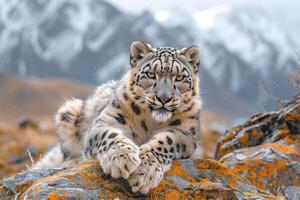 ai generado nieve leopardo en el tierras altas foto