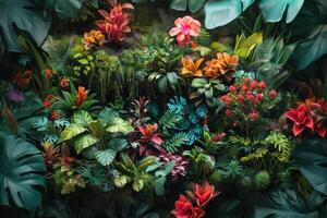 AI generated tropical garden background with flowers and plants photo