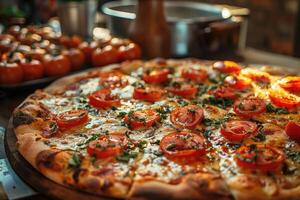 AI generated Pizza with cherry tomatoes and mozzarella cheese on wooden board photo