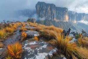 AI generated mountain landscape with foggy and misty morning at sunrise photo