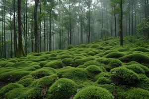 AI generated beautiful moss on wet forest ground photo