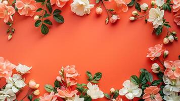 AI generated Floral border with beautiful white and coral pink flowers on a vibrant orange background, ideal for spring season themes or Mothers Day promotions photo