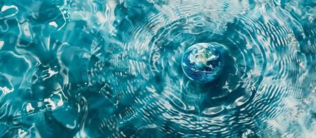 AI generated Conceptual image of a 3D model Earth globe centered in rippling water, symbolizing environmental issues and water conservation on Earth Day photo