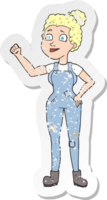 retro distressed sticker of a cartoon woman in dungarees png