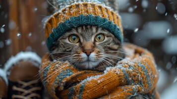 ai generado un gato en un invierno sombrero y bufanda en el calle durante el día en invierno foto