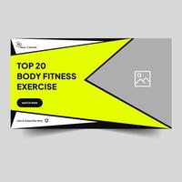 Trendy fitness body tips and tricks video cover banner design, body fitness training video tutorial video thumbnail banner design, fully customizable vector eps 10 file format