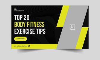 Trendy fitness tips and tricks video tutorial thumbnail banner design, daily exercise plan techniques video cover banner design, fully customizable vector eps 10 file format