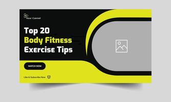 Vector illustration video tutorial thumbnail banner design, fitness body training tips and tricks cover banner design, workout plan video thumbnail banner design, customizable vector eps 10 file forma