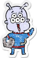 distressed sticker of a happy cartoon alien with moon rock png