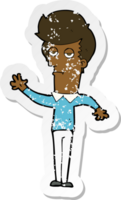 retro distressed sticker of a cartoon bored man waving png