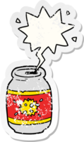 cartoon can of soda with speech bubble distressed distressed old sticker png