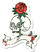 pegatina vieja desgastada con una pancarta de una calavera y una rosa png