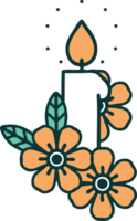 iconic tattoo style image of a candle and flowers png