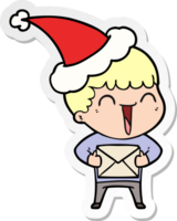 main tiré autocollant dessin animé de une content homme portant Père Noël chapeau png